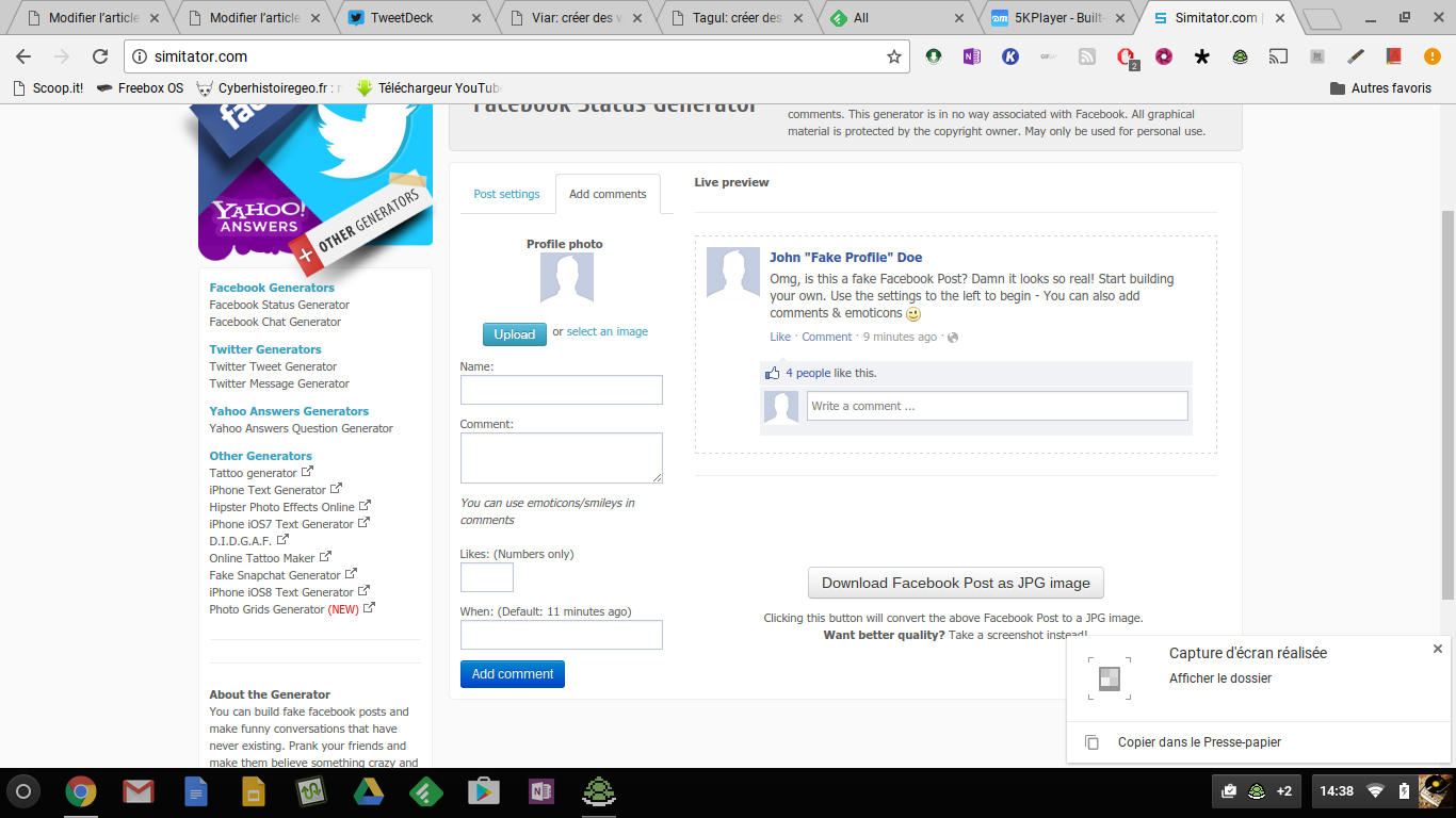 Simitator: créer de faux statuts facebook simplement