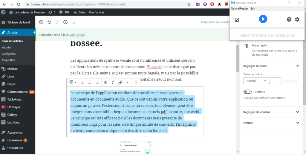 Natural reader logiciel et service de synthèse vocal très pratique. Le coutelas de Ticeman